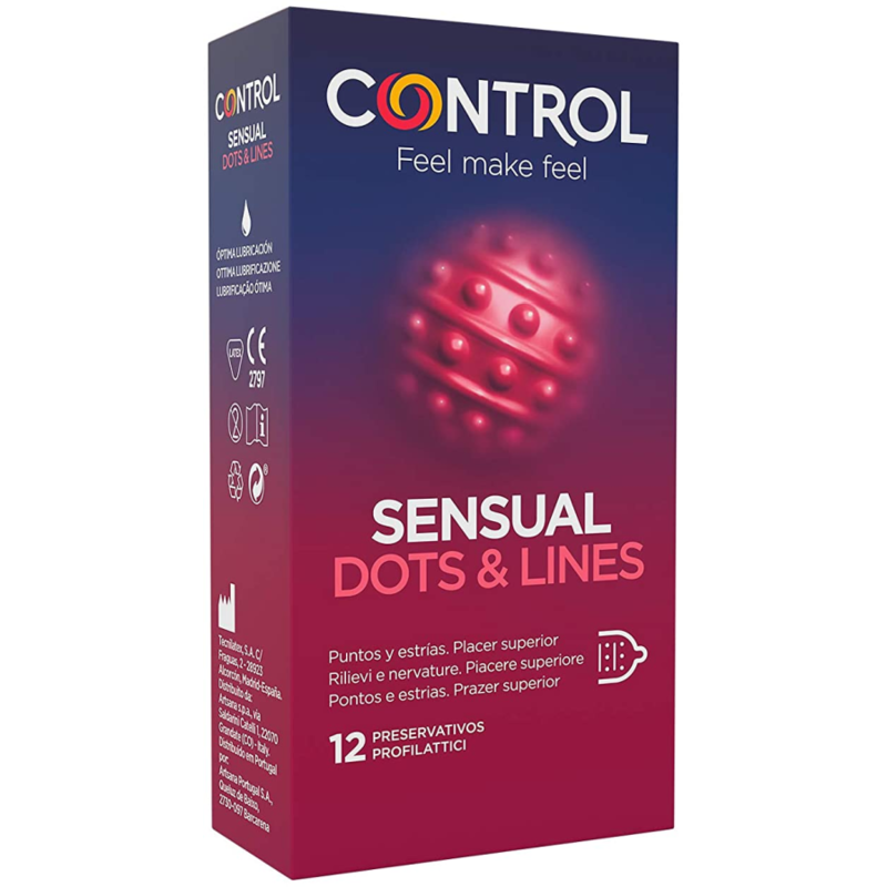 Control Sensual Dots & Lines preservativos con estrías y puntos, 12 unidades