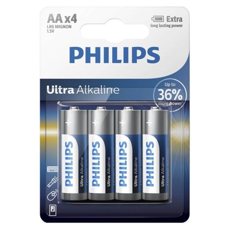 Pilas alcalinas AA, paquete de 4, larga duración y alto rendimiento, ideales para tus dispositivos PHILIPS
