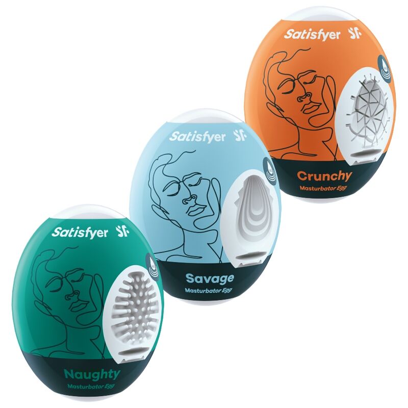Set de masturbadores tipo huevo de TPE hidroactivo, textura realista sin lubricante SATISFYER