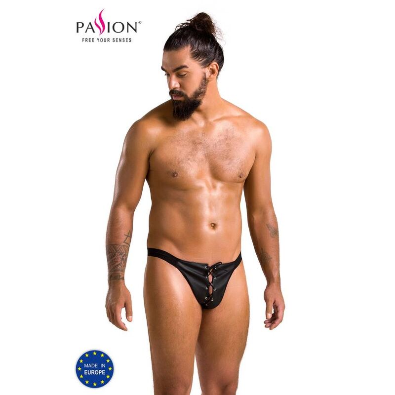 Suspensorio tipo tanga abierto de PU, ajustado, negro, talla S M PASSION