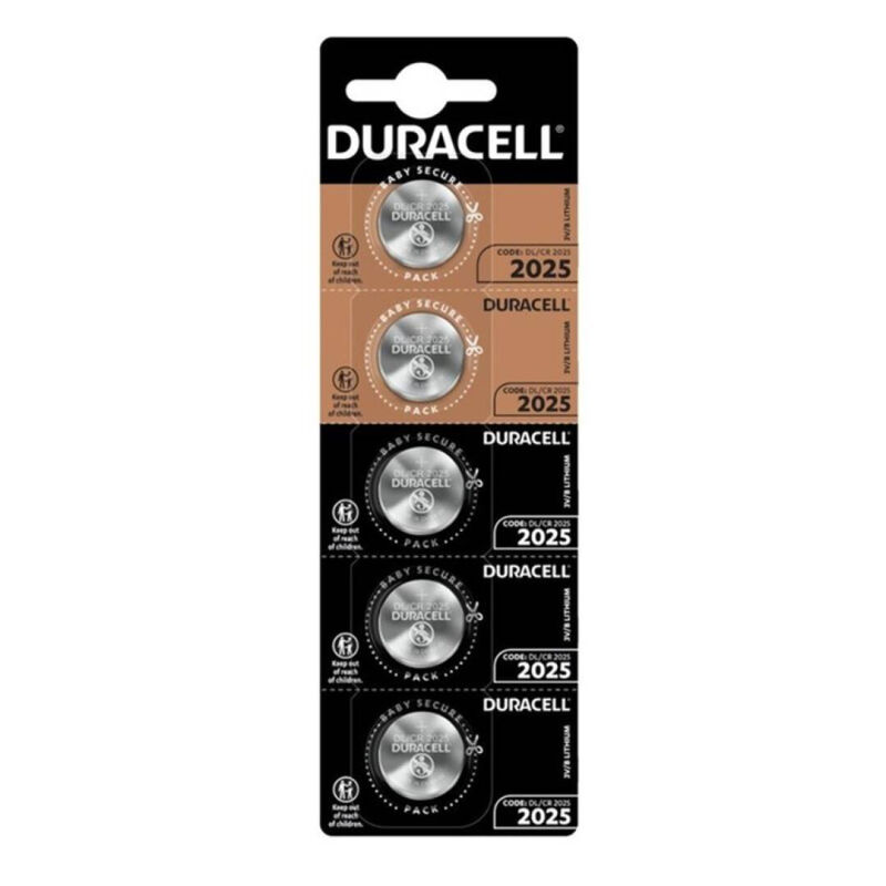Pila de botón CR2025 3V de larga duración para relojes y llaves de coche, pack de 5 DURACELL