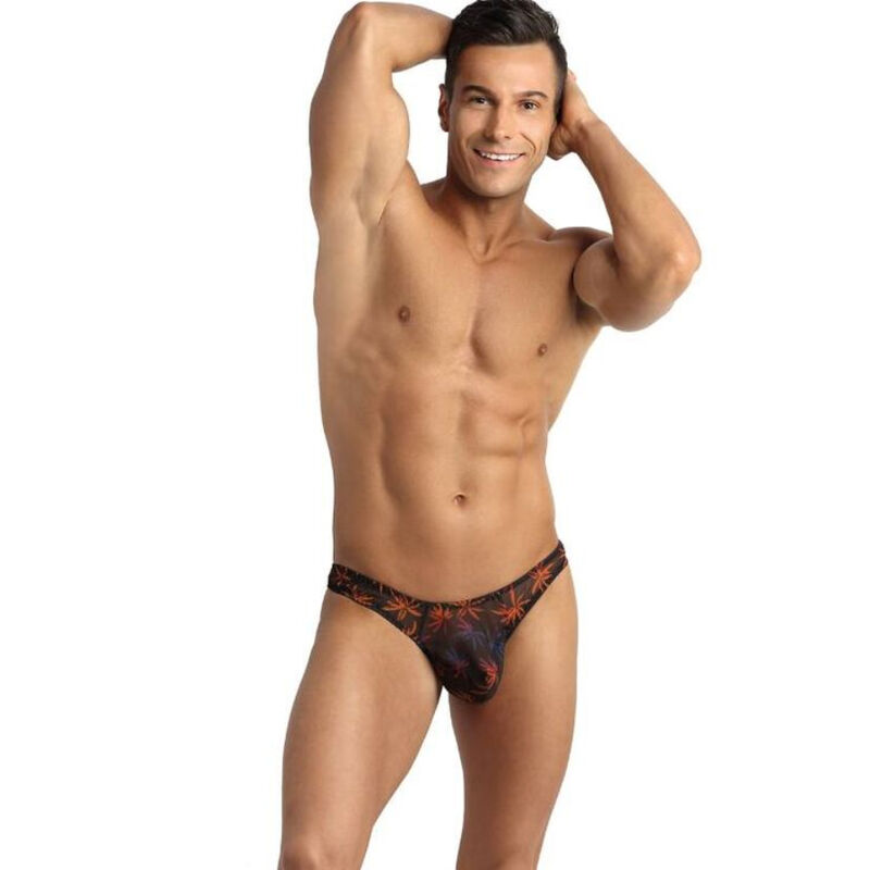 Tanga para hombre de tul negro con estampado de palmeras de colores y diseño cómodo ANAIS