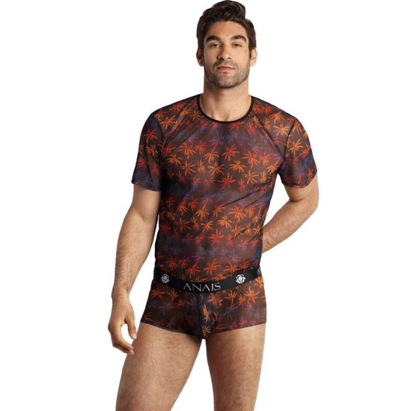 Camiseta de malla transpirable con estampado de palmeras de colores y corte ajustado ANAIS