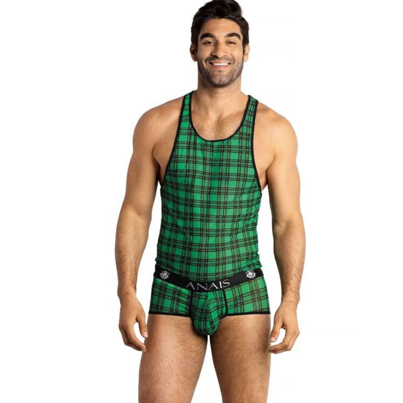 Top sexy para hombre con cuadros verdes y negros y cinturilla elástica ancha ANAIS