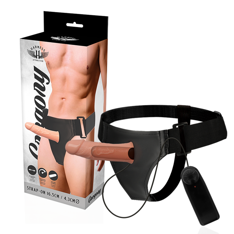Alargador de pene hueco Gregory de Harness Attraction con vibrador y arnés ajustable