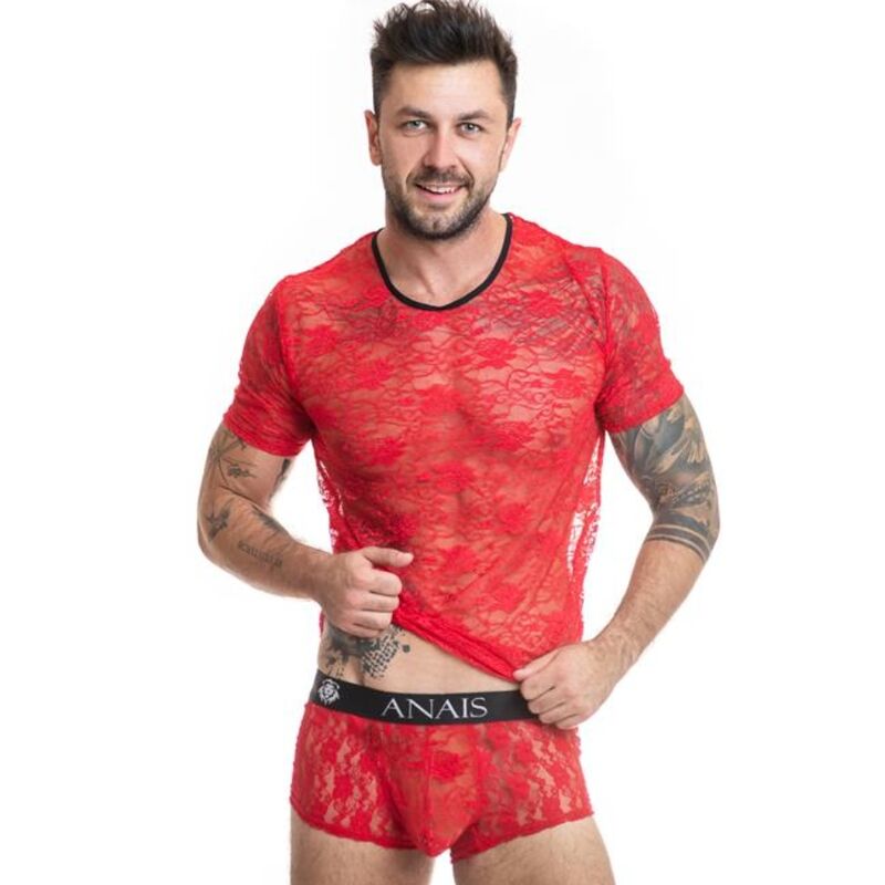 Camiseta ajustada para hombre con encaje rojo y estampado floral, elástica y cómoda ANAIS MEN