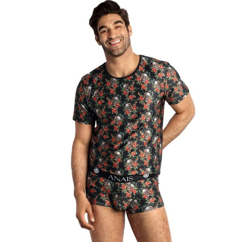 Camiseta ajustada para hombre con estampado de calaveras y rosas, de tejido elástico ANAIS
