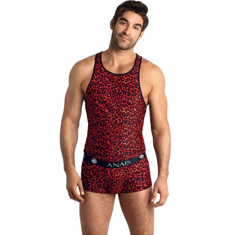 Top rojo de microfibra para hombre con estampado animal, ajustado y sin mangas ANAIS