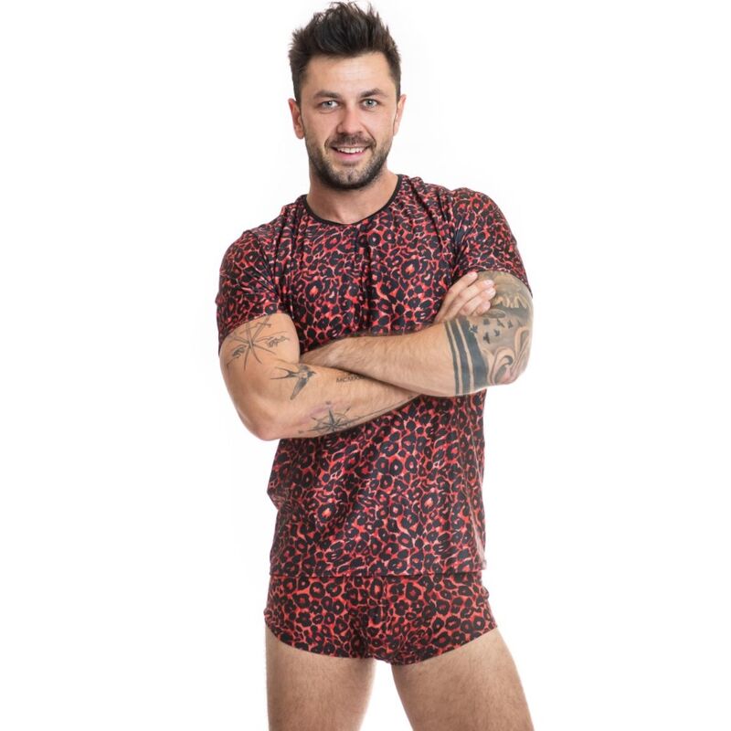 Camiseta ajustada para hombre roja de microfibra con estampado animal y corte entallado ANAIS