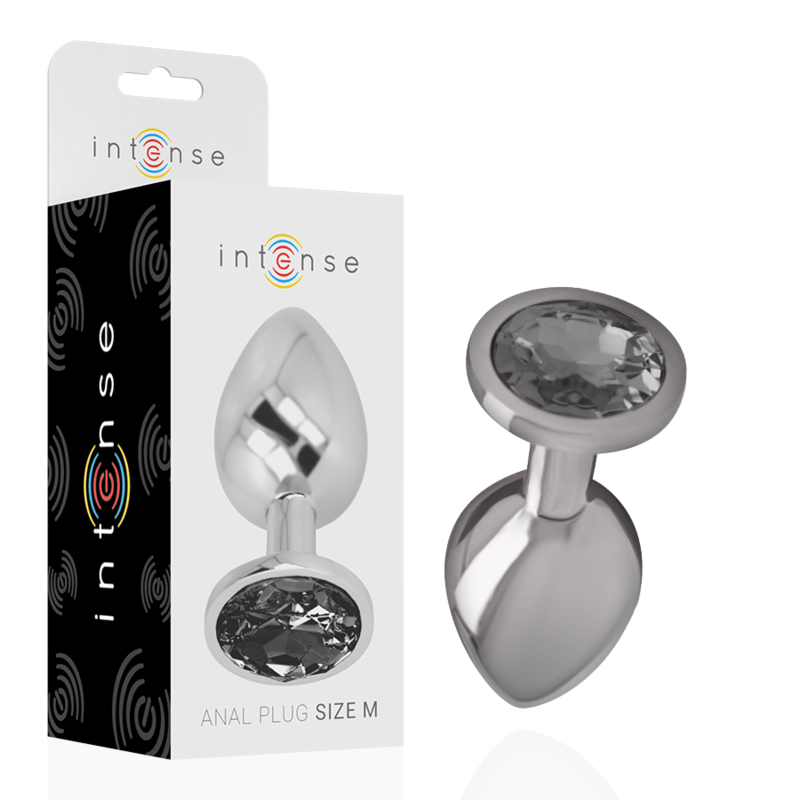 Plug anal INTENSE de metal, talla M, con detalle de vidrio negro