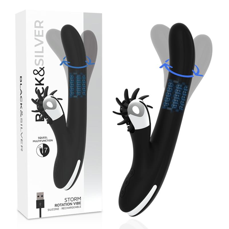 Vibrador Rabbit para el punto G con rotación y estimulación del clítoris BLACKSILVER
