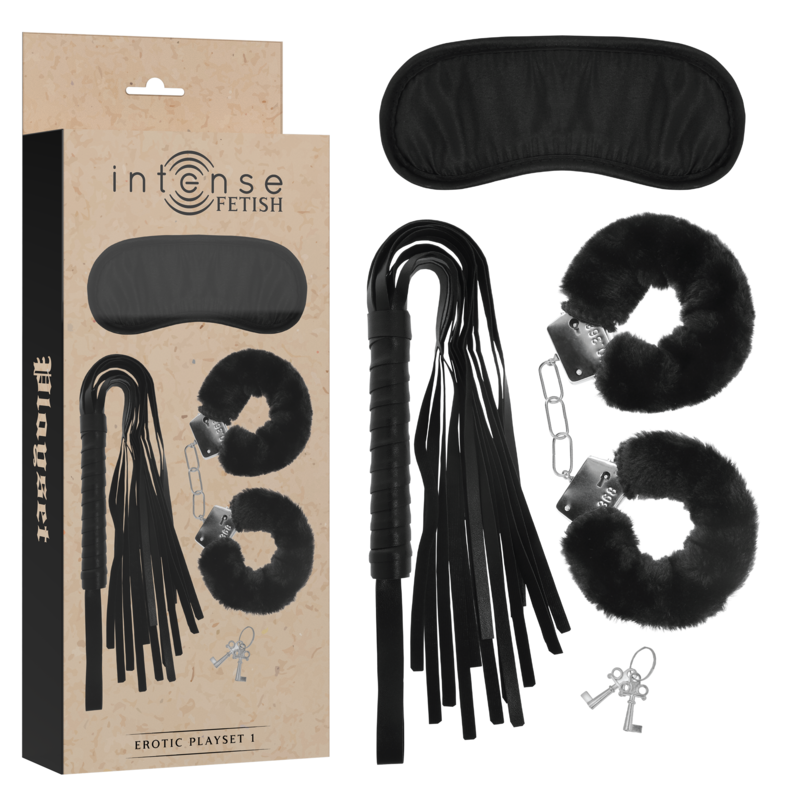 Set de esposas INTENSE FETISH con antifaz y látigo