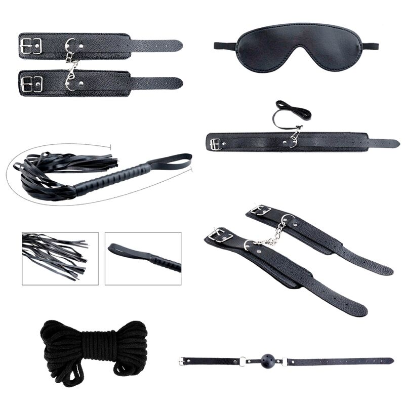 Set BDSM de bondage de 7 piezas con ataduras y látigo negro ALIVE