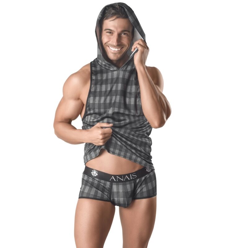 Camiseta de tirantes con capucha, estampado de cuadros y tejido elástico que se ajusta al cuerpo, en tonos grises ANAIS