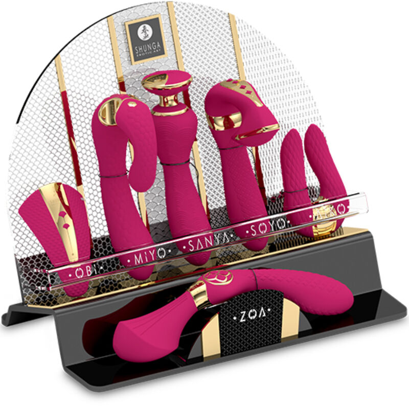 Expositor de masajeadores íntimos con 6 vibradores fucsia para tiendas SHUNGA