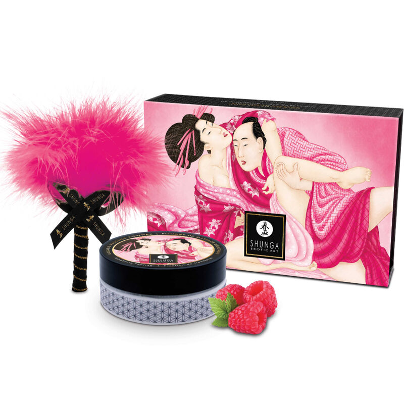Polvo de masaje Shunga con aroma a frambuesa y pincel de plumas, 75 g