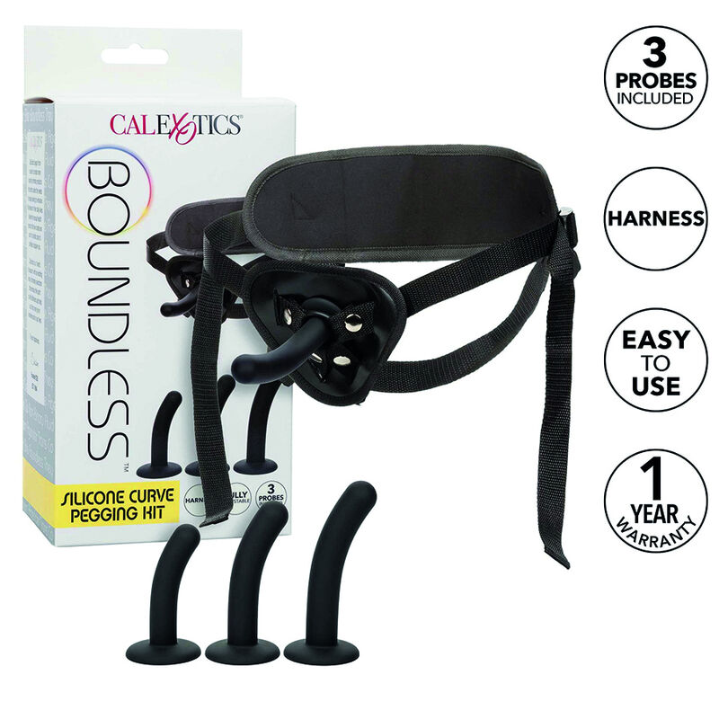 Kit de pegging CalExotics Boundless con arnés y 3 dildos curvos de silicona