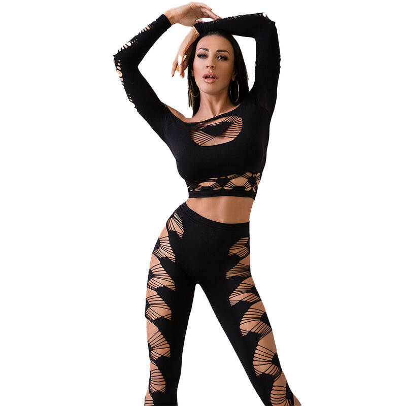Conjunto de lencería CHILIROSE CR 4436 con top y leggings, negro, S/L