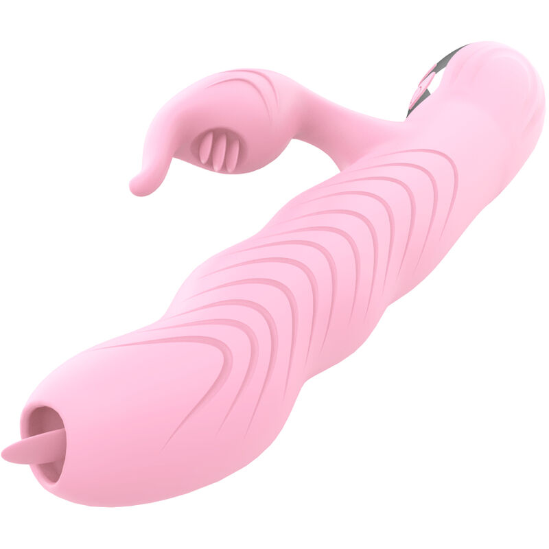 Vibrador con movimiento de empuje, doble lengua y función de calor en rosa ARMONY