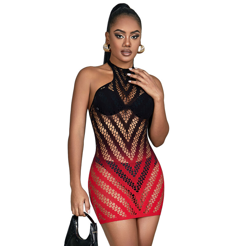 Vestido sexy de rejilla Subblime rojo y negro, talla única