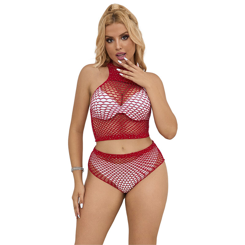 Conjunto de lencería SUBBLIME de rejilla roja con pedrería
