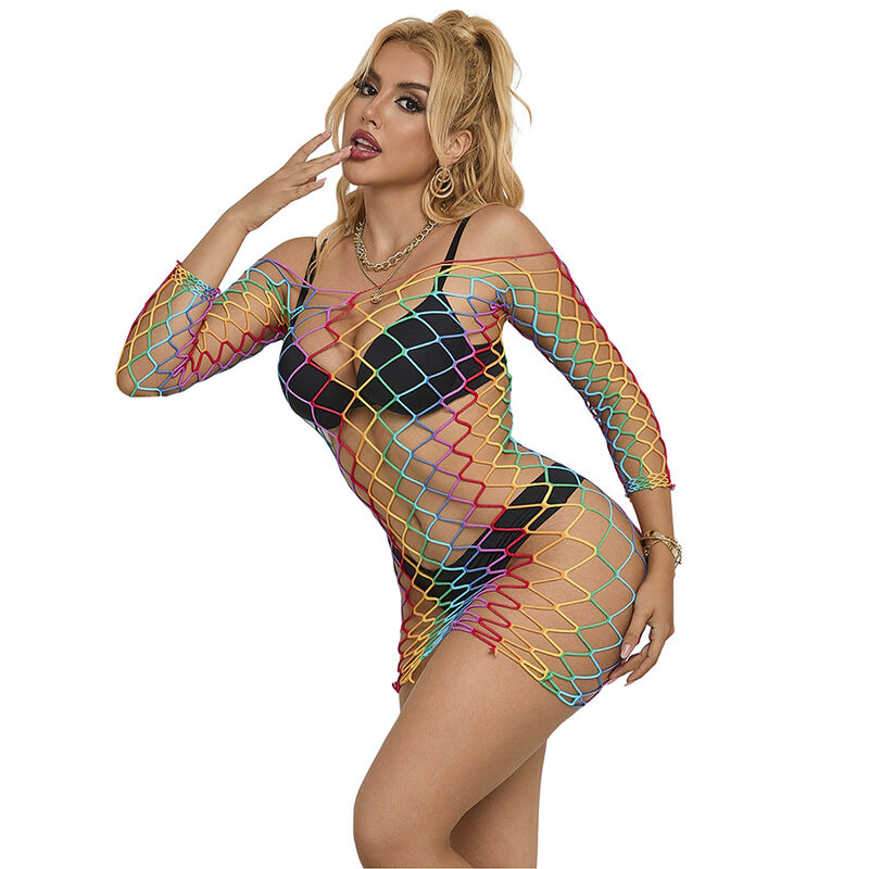 Vestido sexy SUBBLIME de rejilla arcoíris con mangas largas
