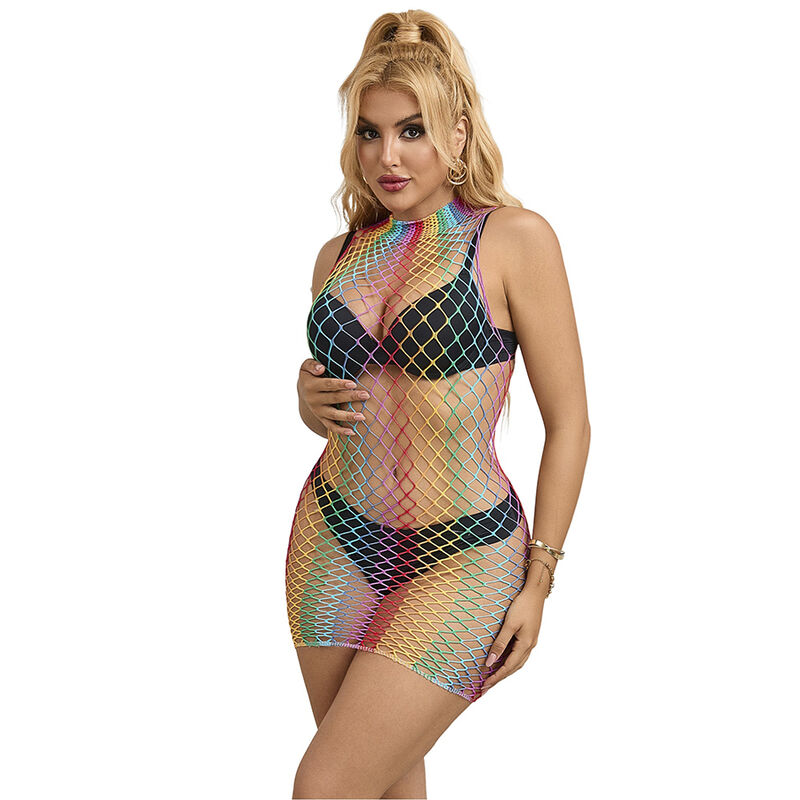 Vestido sexy SUBBLIME de rejilla arcoíris con cuello alto