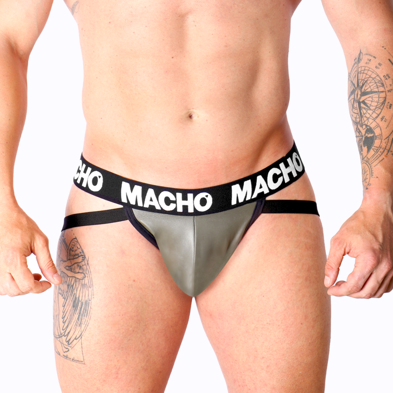 Jockstrap MACHO MX27GR de piel sintética en gris y beige · Talla: XL