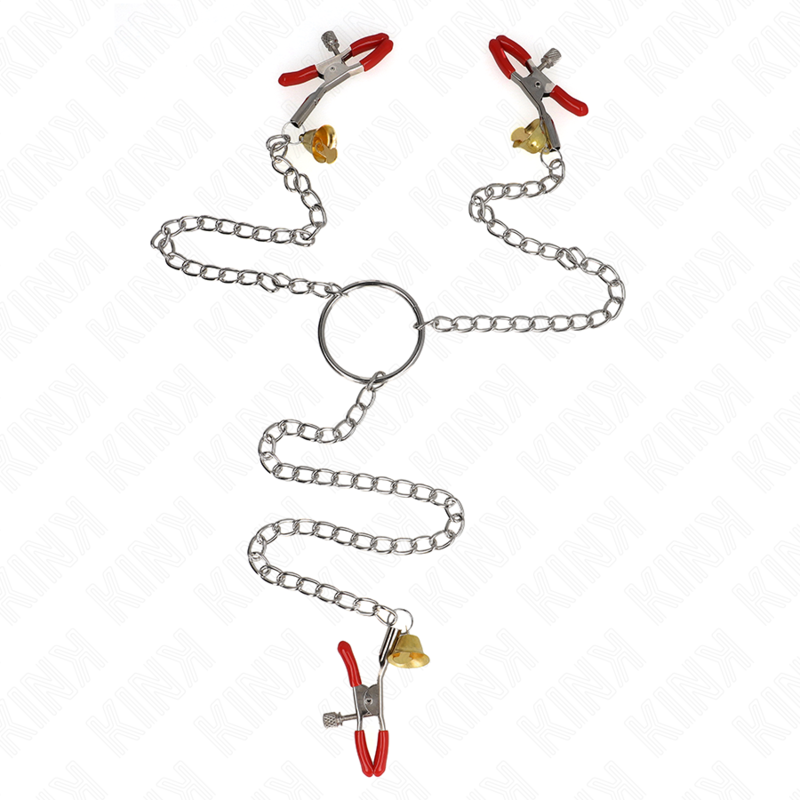 Pinzas para pezones KINK con cascabeles, 3 pinzas y cadena de 30 cm
