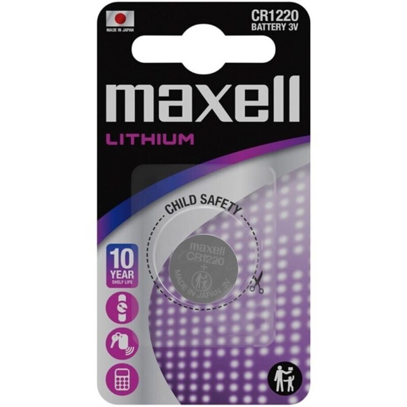 Pila de botón de litio CR1220 de 3 V y alta capacidad para relojes y dispositivos MAXELL