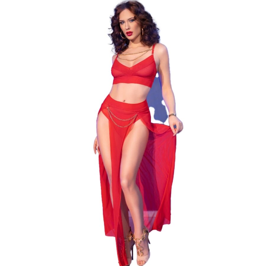 Conjunto de lencería CHILIROSE CR 4850 de tul rojo con detalles dorados