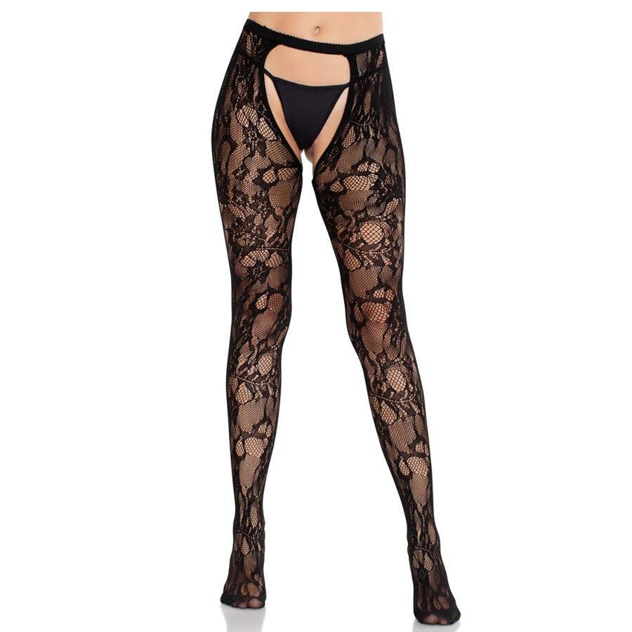 Medias negras LEG AVENUE con borde de rosas y espalda abierta