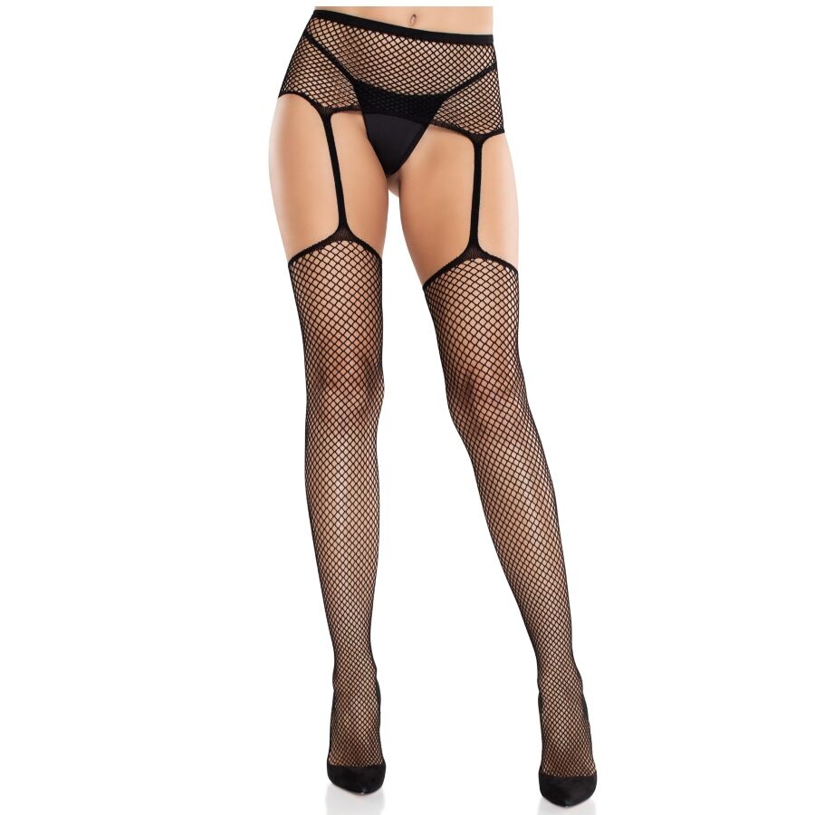 Medias negras de encaje LEG AVENUE con detalle de cruz y liguero