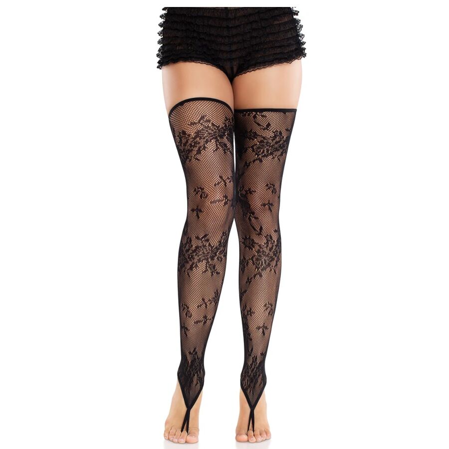 Medias negras sin pie con encaje floral de Leg Avenue