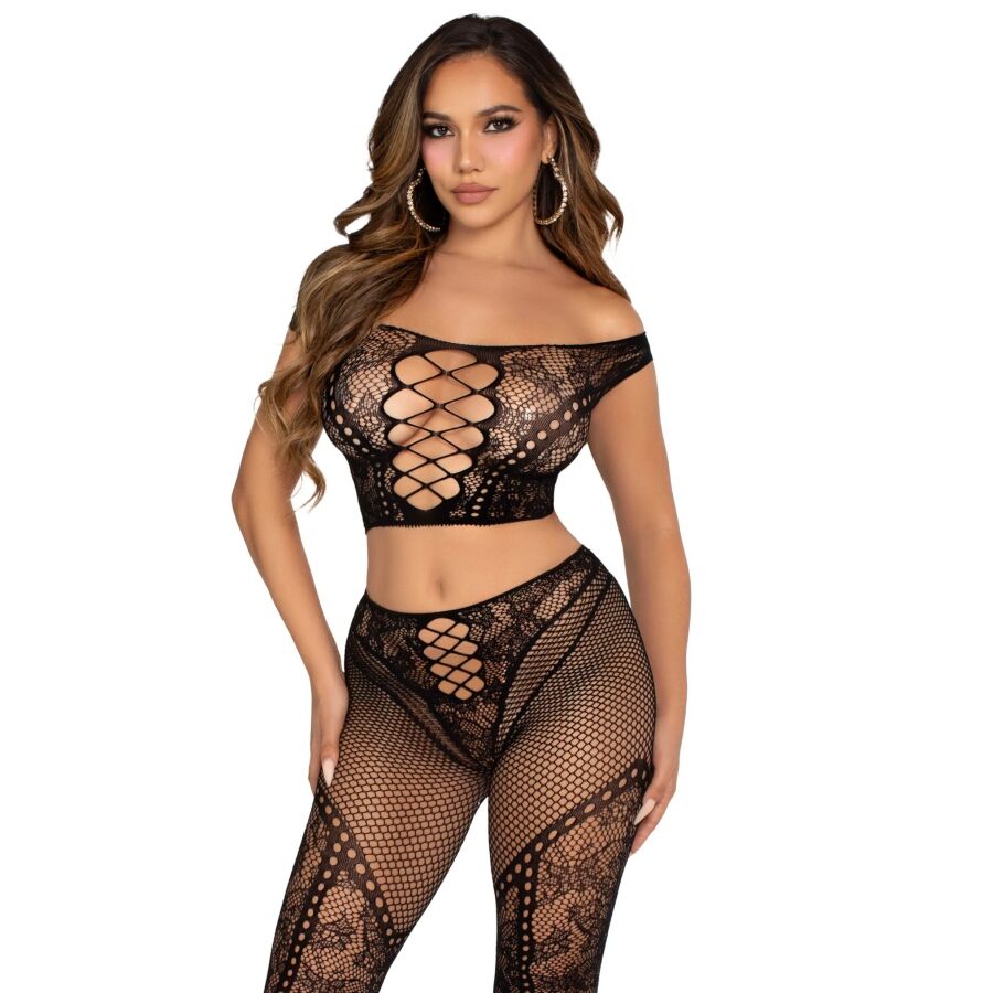 Conjunto de lencería Leg Avenue con top corto y leggings de rejilla, negro