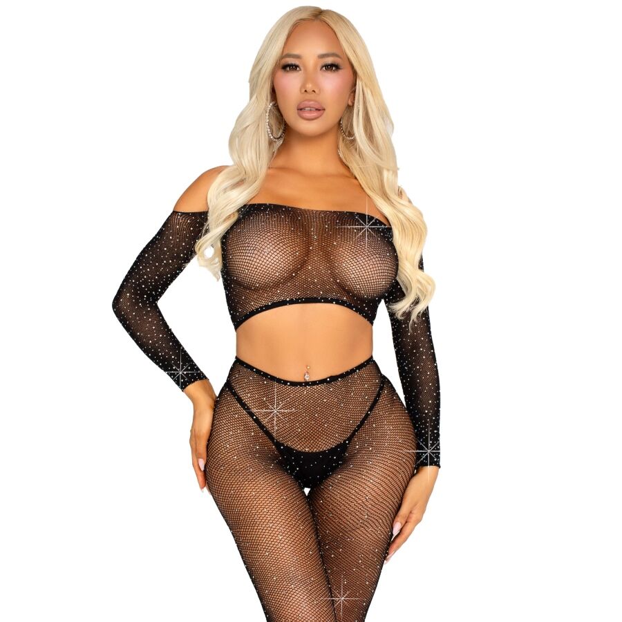 Conjunto de lencería Leg Avenue con top corto y leggings de rejilla, negro