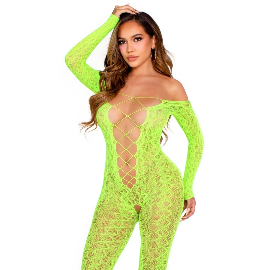 Body de rejilla Leg Avenue con estampado de serpiente, verde neón