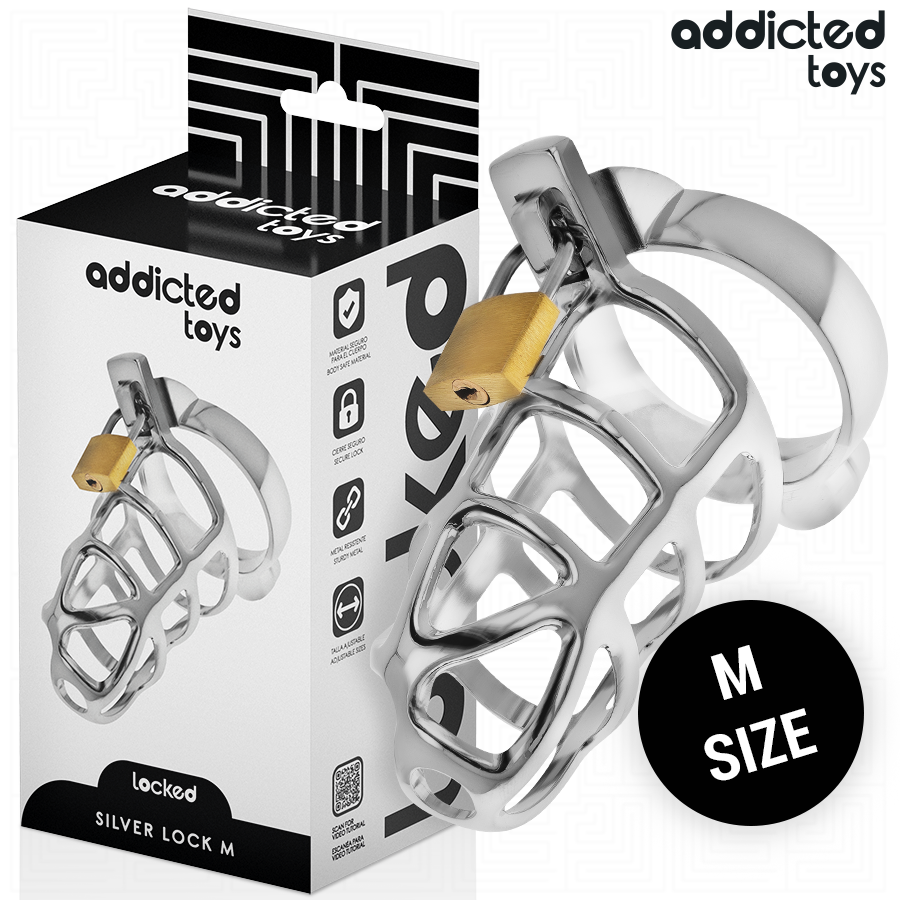 Jaula de castidad metálica Addicted Toys Locked Silver Lock, talla M