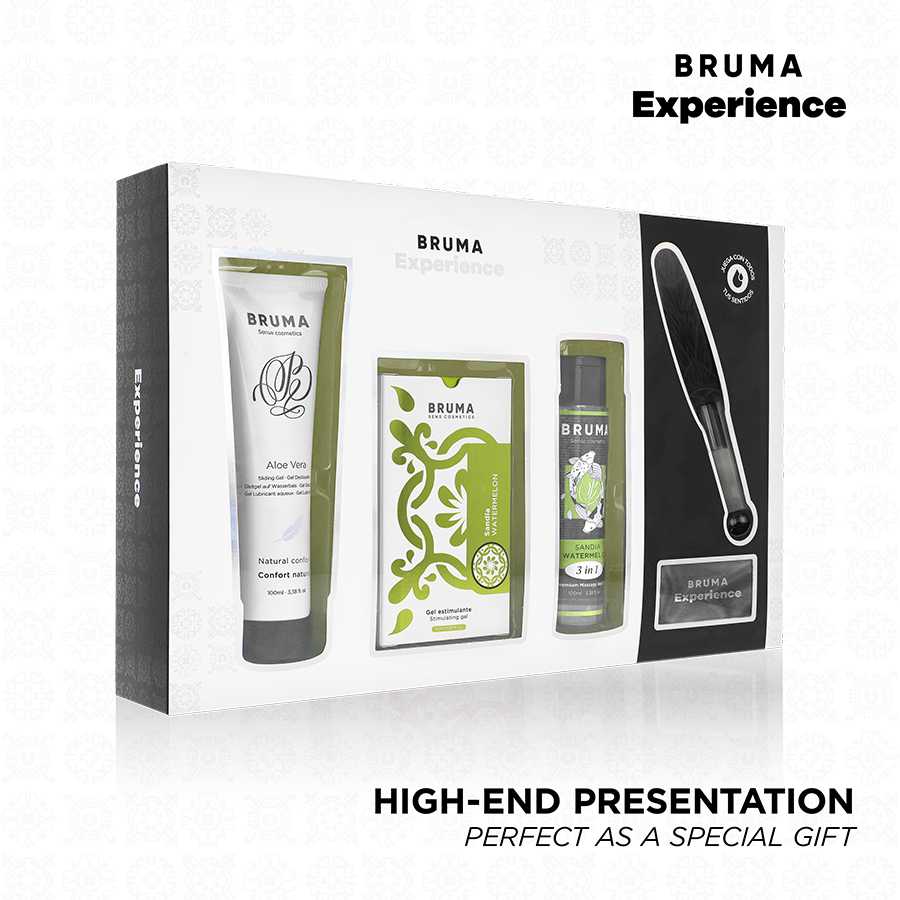 Set erótico de sandía con lubricante, aceite de masaje y antifaz para parejas | BRUMA