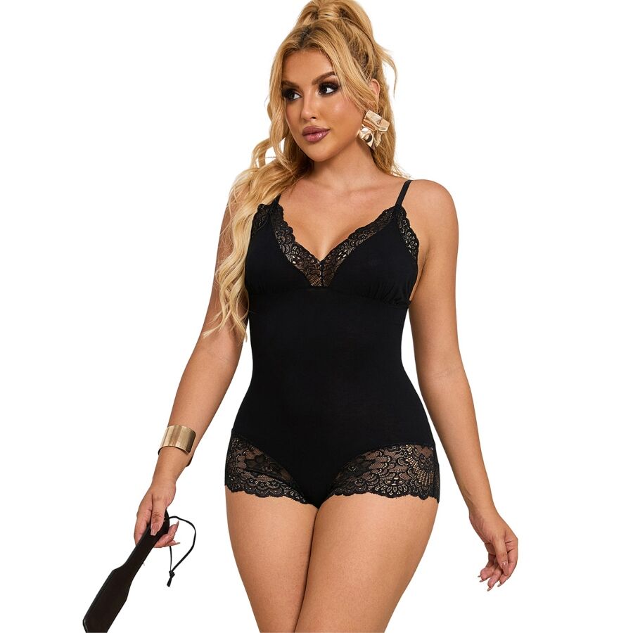 Body de lencería SUBBLIME de encaje floral negro, L/XL