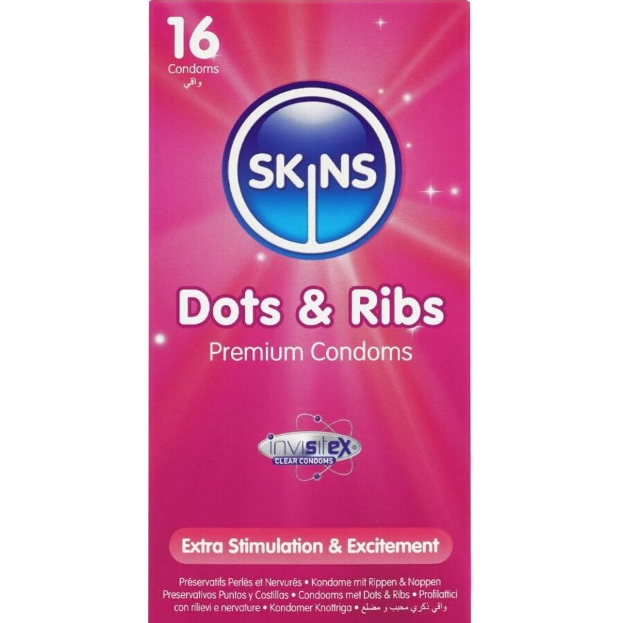 Preservativos SKINS Dots & Ribs con estrías y puntos, 16 unidades