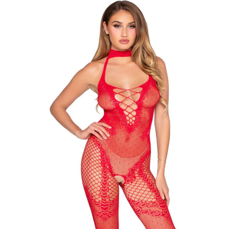 Bodystocking roja Leg Avenue sin entrepierna con estampado de lunares