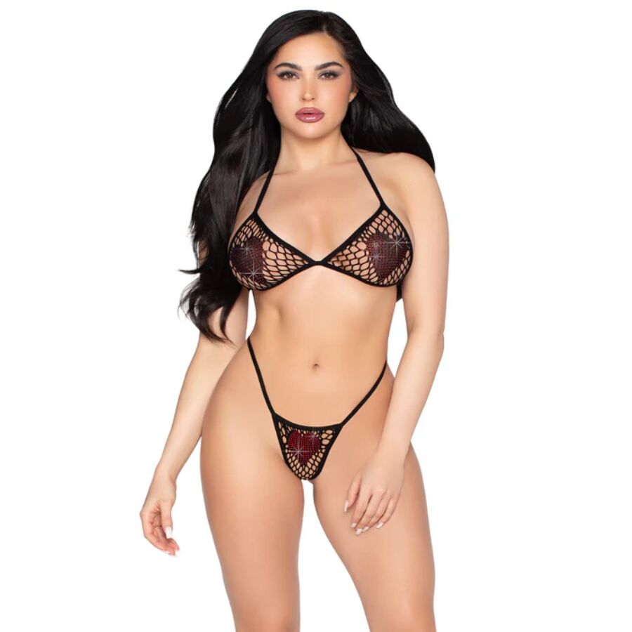 Conjunto de lencería Leg Avenue de rejilla negra con pedrería roja
