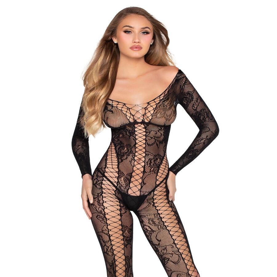 Bodystocking negro de encaje con paneles de rejilla de Leg Avenue