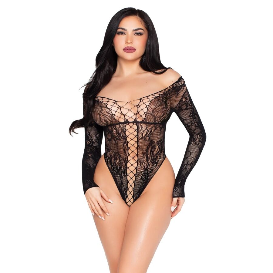 Body lencero Leg Avenue de encaje y rejilla, negro, talla única