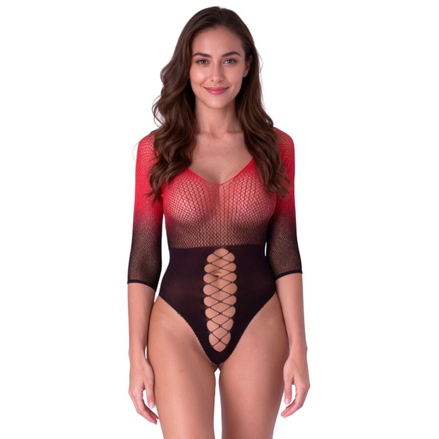 Bodystocking PASSION BS118 de rejilla en negro y rojo