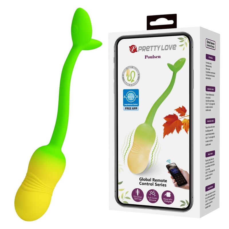 Pretty Love Pulsen huevo vibrador con control por app, verde y amarillo