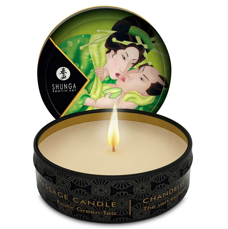 Vela de masaje Shunga Mini Caress con aroma a té verde, 30 ml