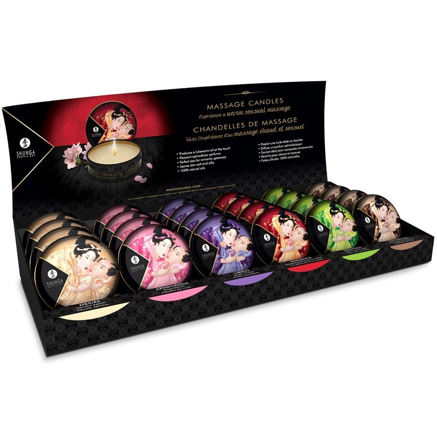 Velas de masaje Shunga Mini Caress, expositor de 24 unidades