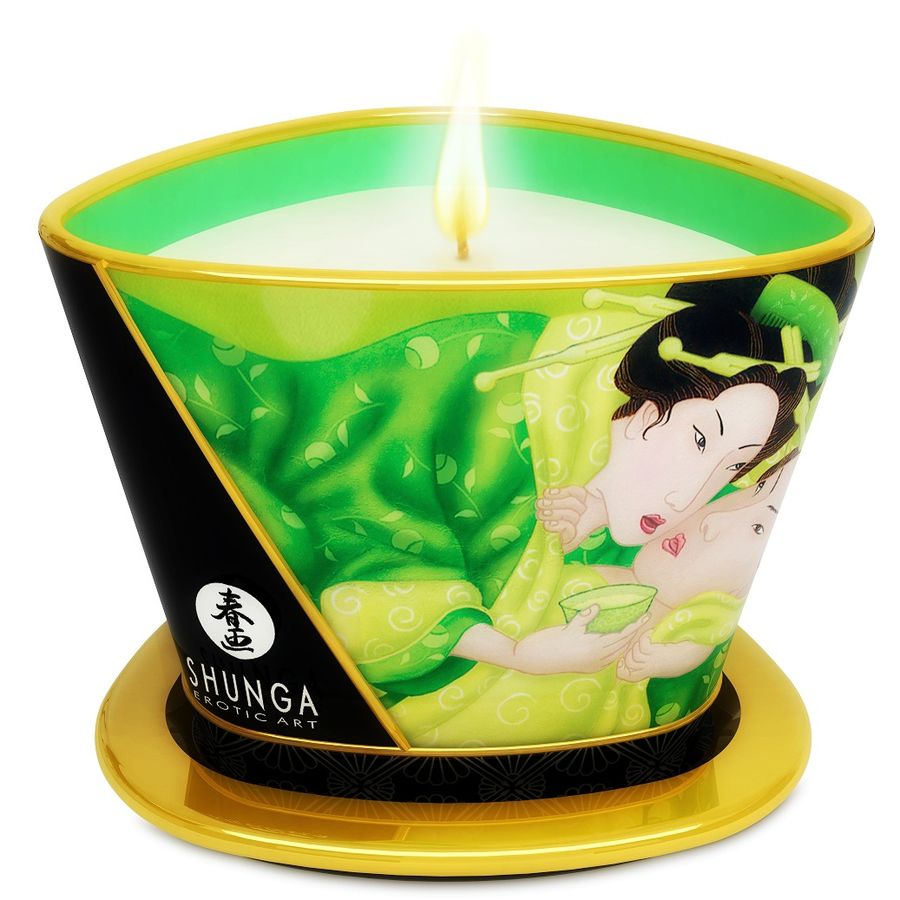 Vela de masaje Shunga Mini Caress con aroma a té verde, 170 ml